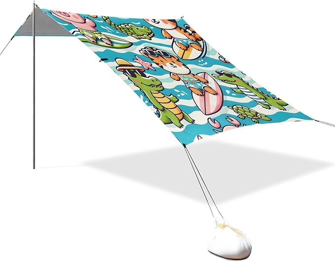 ALAZA Cute Pig Crocodile Tiger Beach Tent Sun Shelter UPF50+ Protection Beach Shade Canopy w/ 4 Sandbags for Outdoor Camping Fishing Backyard Fun Picnic 10x9 ft