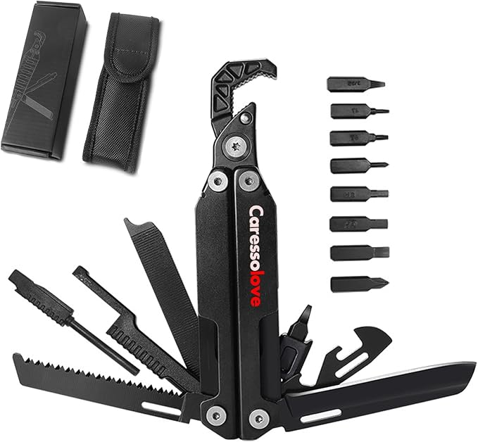 Caressolove Multitool Wrench 16-in-1 420 Steel Multi Tool Folding Knife with Nylon Sheath Fire Starting Sticks Screwdriver Combination Tools Perfect Multi-Tool for Survival Camping and Hiking