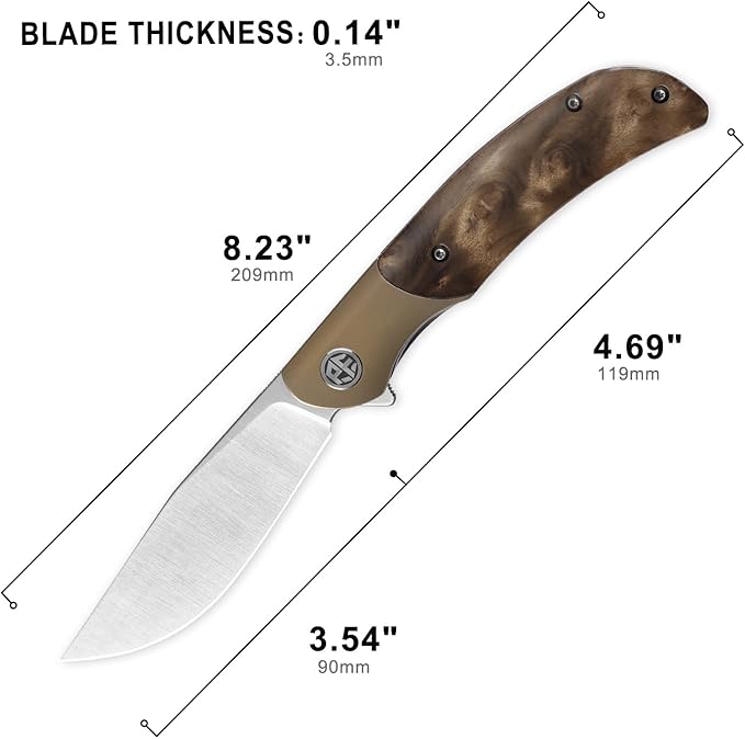 Petrified fish PFP09 Hourglass Folding Knife3.54 K110 Steel Satin Blade 3.88oz Titanium and Gallwood Handle Pocket knife for Camping Outdoor EDC (Gall wood Satin)