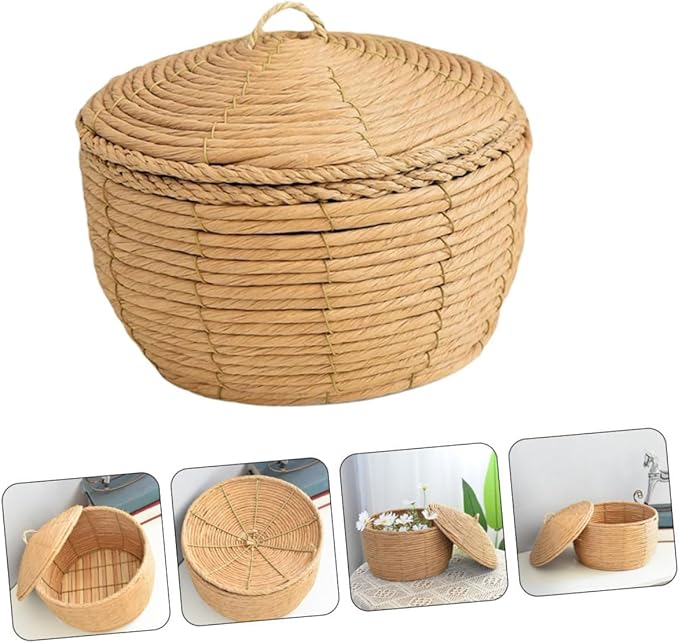 KOMBIUDA Handwoven Woven Storage Basket with Lid Small Decorative Rattan Container for Organizing Toys Pantry and Home Supplies Versatile Table Storage Solution
