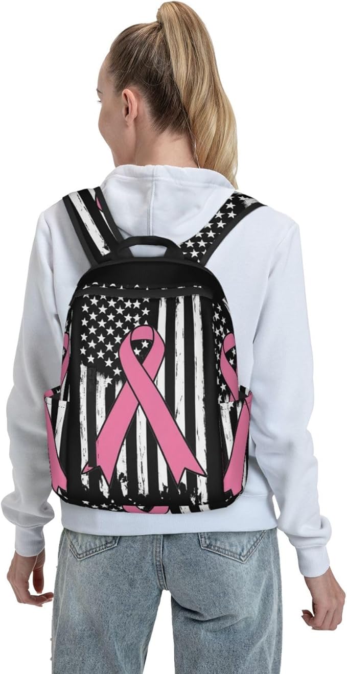 Breast Cancer Awareness Pink Ribbon American flag Travel Laptop Backpack Womens Mens Bag Bookbag