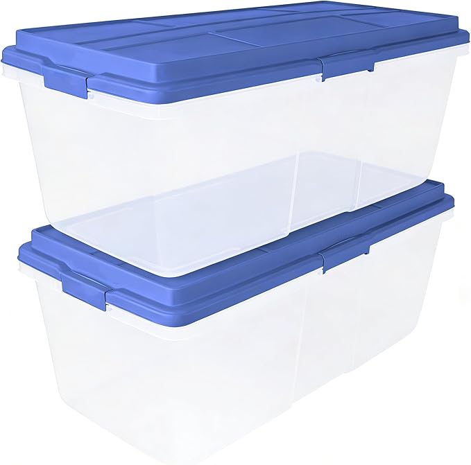 2 Pack 113 Quart Clear Plastic Storage Bins Stackable with Locking Latches &amp Smoke Blue Lid Dust-Resistant Organizer for Garage Home Office Attic Store Seasonal Decor Tools Crafts Blanket