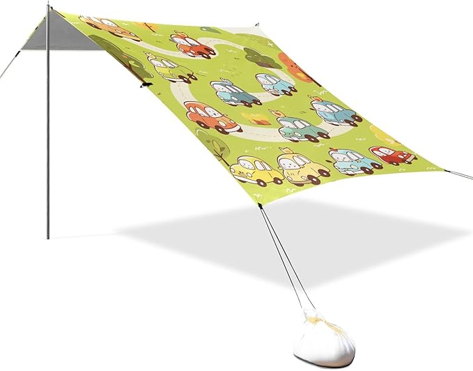 Cute Cartoon Cars Doodle Style Beach Canopy UPF50 Easy Setup Sun Shelter with Sand Pockets for Camping Picnics Backyard &amp Fishing