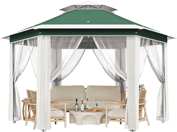 Pop-Up Gazebo 13 * 13 ft 6 Sided Canopy Tent with Mesh Windows &amp Portable Carry Bag Adjustable Tent Outdoor Pergola for Backyard &amp Patio Furniture (Green + Beige)