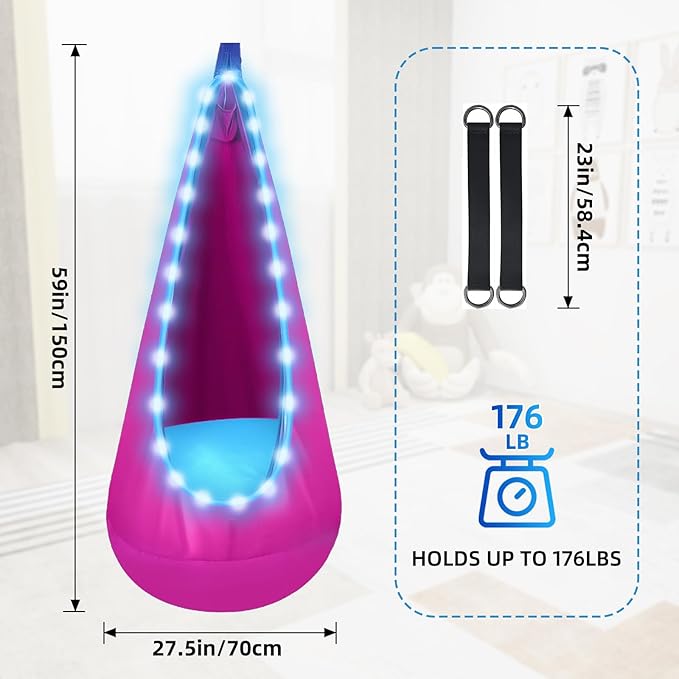 Light Up Swing Chair Hammock Chair Indoor Outdoor for Kids Pod with LED Lights Soft and Safe 176 lb. Load Capacity Easy Installation Perfect for Bedroom Garden and Playroom (Rose Red)