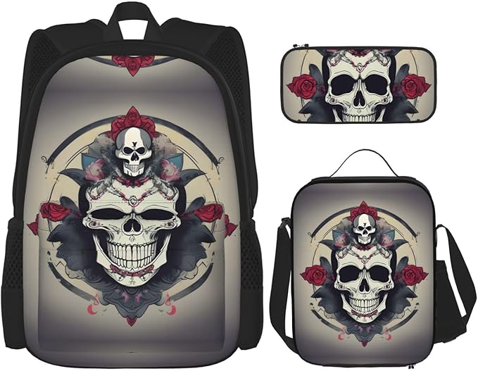 3pcs Backpack Sets Skull Yoga Printed Backpacks Set With Lunch Bag Pencil Pouch