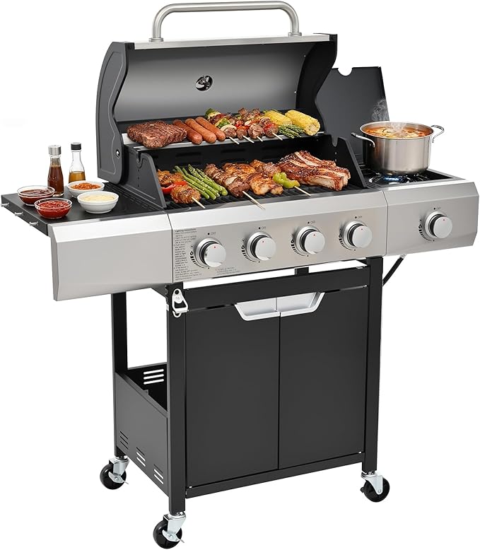 EUHOME Upgraded 51000 BTU Stainless Steel Burner Barbecue Grill 4 Burner BBQ Propane Gas Grill with Side Burner 452 sq. in Cooking Area with Porcelain for Patio Camping Outdoor Cooking