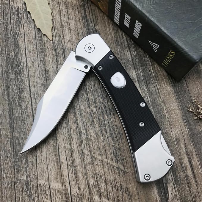 HUAAO Manually Operated Button-Lock Knife Folding Knife 440C Stainless Steel Blade Back lock G10 Handle with Leather Sheath EDC Pocket Knives for Men (Black)
