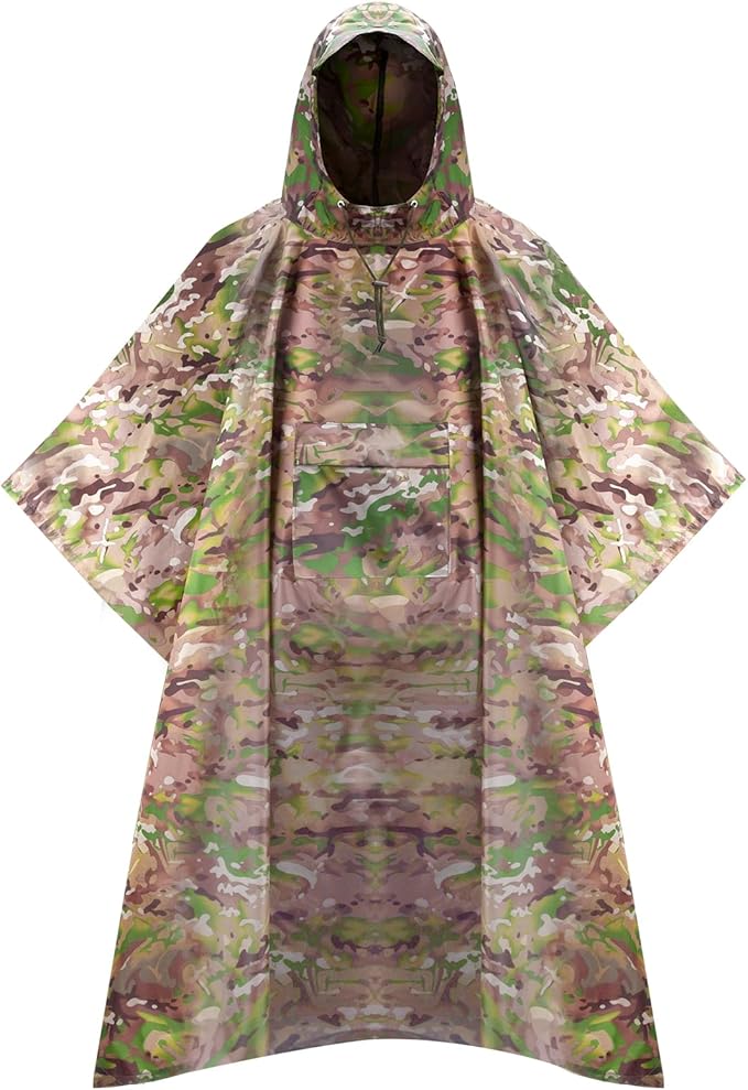 Military Camo Rain Poncho Extra Large Tactical Poncho Shelter with Pocket Waterproof for Hunting Hiking Camping Emergency