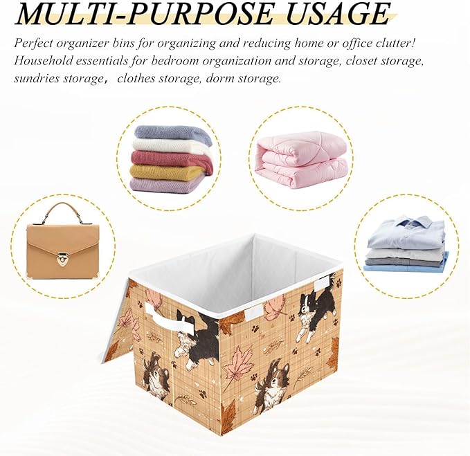 Brown Plaid Puppy Leaf Paw Storage Box with Lid 1 PC Foldable Storage Bin with Lids Stackable Storage Bins Cube Closet Organizer Basket with Flip-Top Lid &amp Handles for Shoes Books Towels