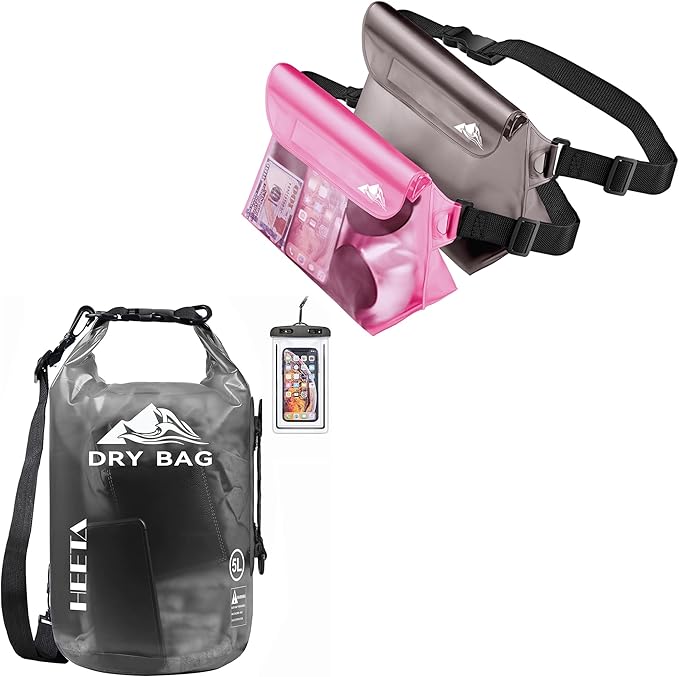 HEETA Waterproof Dry Bag for Women Men (Transparent Black 5L) Bundled with 2-Pack Waterproof Pouch with Waist Strap (Pink &amp Grey)