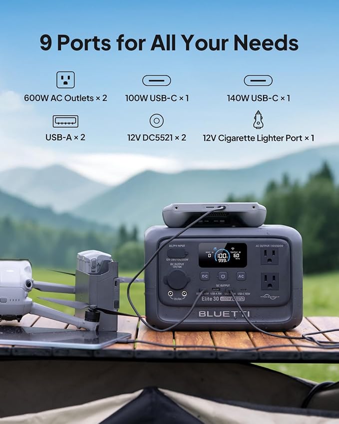 BLUETTI Solar Generator Elite 30 V2 with 60W Solar Panel (Ships Separately) 288Wh LiFePO4 Portable Power Station 600W AC Outlets (1500W Power Lifting) for Camping Home Use Emergency