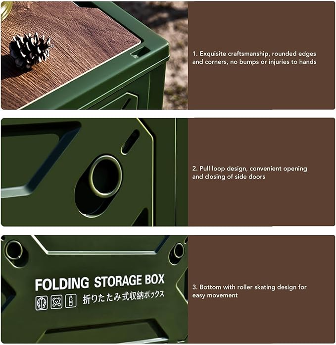 Dioche Camp KitchFolding Camping Storage Box with Wooden Lid - 50L Collapsible Container with Wheels for Easy Transport - Durable PP and MDF Material - Ideal for Camping Picnic and (OD Green)