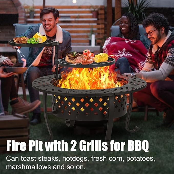 Panovue 36 Inch Fire Pit with 2 BBQ Grills Wood Burning Fire Pits for Outside with Lid &amp Fire Poker BBQ&amp Outdoor Firepit &amp Round Metal Table 3 in 1 for Patio Picnic Party