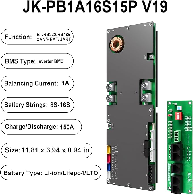 JKBMS Inverter BMS 8S-16S 24V-48V 150A – V19 Home Energy Storage BMS with UART Port 1A Active Balance Built-in Bluetooth RS485 &amp CAN for Solar System (JK-PB1A16S15P V19)
