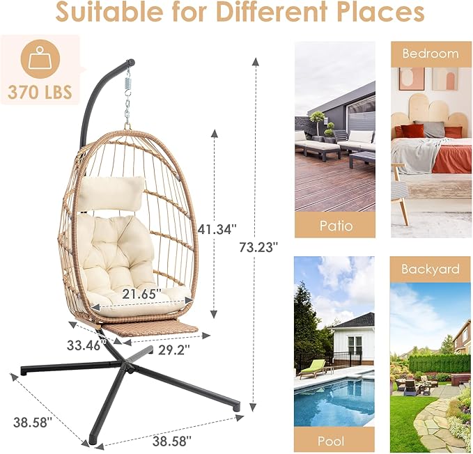 Brafab Hanging Egg Chair with Stand and Footrest Wicker Egg Swing Chair Indoor Outdoor Aluminum-Steel Frame and UV Resistant Cushion Patio Lounge Hammock Chairs for Bedroom 370LBS Capacity Begie