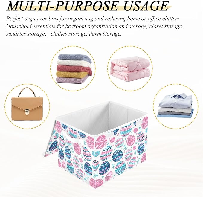 Christmas Storage Baskets with Lids Cute Eggs Collapsible Bins Stackable Fabric Linen Baskets Closet Organizer Container 16.5x12.6x11.8
