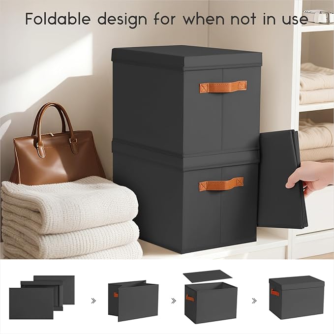 Homsorout Storage Bins with Lids - Large Fabric Closet Bins with Lid 6 Pack Clothes Organizers and Storage Collapsible Stackable Cube Basket for Home Office Dorm Black