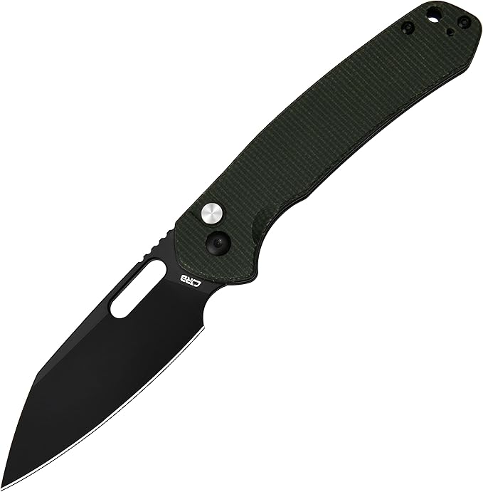 CJRB Pyrite-Alt (J1925A) Folding Pocket Knife with 3.11'' Black PVD AR-RPM9 Wharncliffe Blade Dark Green Micarta HandleButton Lock EDC Knife with Thumb Hole for TacticalOutdoorHiking and Gift