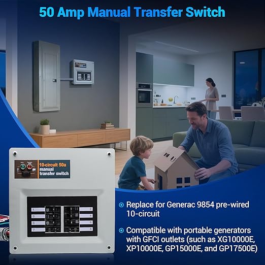 50 Amp Transfer Switch RV Replacement for Generac 9854 Pre-Wired 10-Circuit 50A Manual Transfer Switch Compatible with Portable Generators