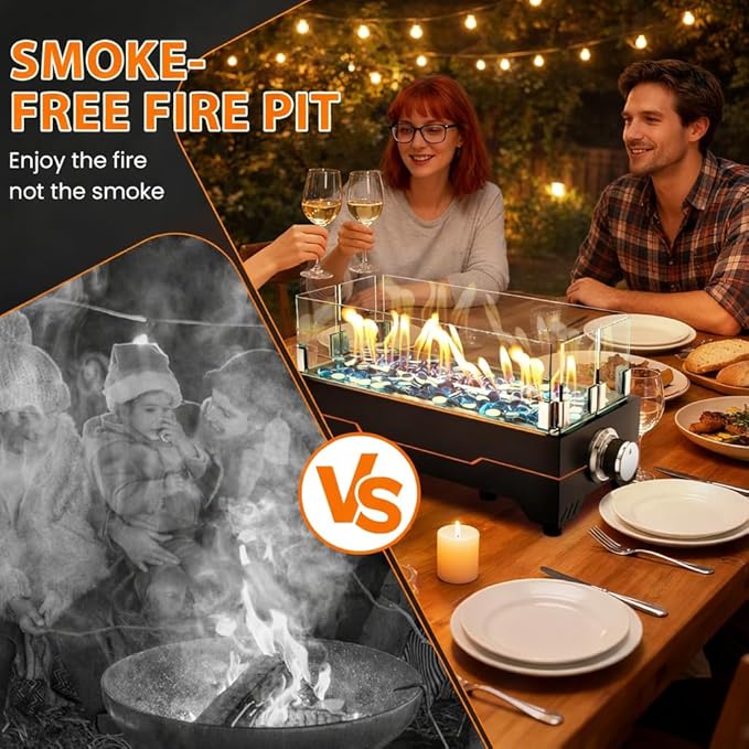 GRISUN Tabletop Fire Pit15 Inch Propane Fire Pit Table30000 BTU Table Top Firepit with Glass Wind GuardStainless Steel BurnerFire GlassPortable Propane fire Pit for Patio Camping Backyard &amp