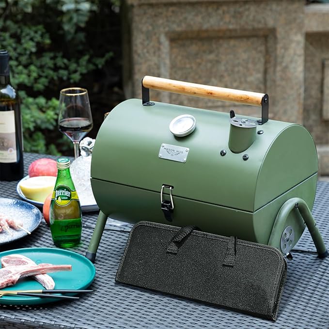 MAISON HUIS Adjustable Portable Charcoal Grill Multi-functional Metal Small BBQ Smoker with 9-Piece Stainless Steel Grill Tool Set for Outdoor Hiking Picnic (Green Kit)
