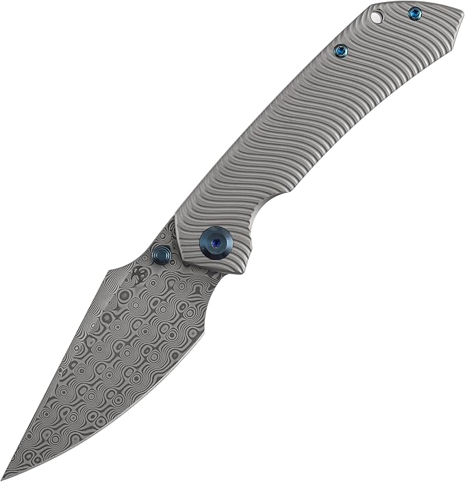 KANSEPT Fenrir Pocket Knife 3.48 Damascus Blade with Flipper and Thumb Stud Frame Lock for Camping Outdoor with Beadblasted Titanium Handle and Micro-Milled Water Ripple Texture K1034C4