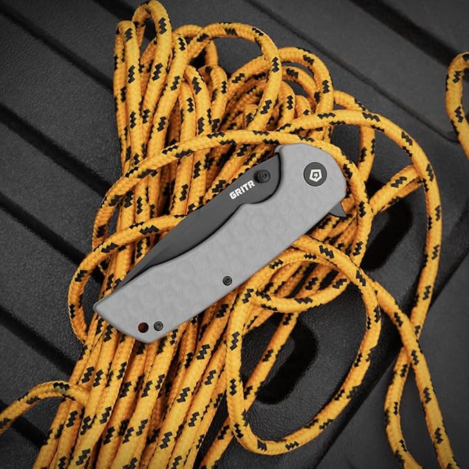 GRITR Stealth Folding Pocket Knife w/ 3.5 D2 Steel Blade for Military Hunting Camping Hiking – Gray Handle Partially-Serrated Blade with Black Titanium Finish
