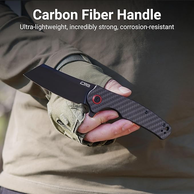 CJRB Crag Folding Pocket Knife 3.43 AR-RPM9 Steel Blade Carbon Fiber Handle EDC Knife with Pocket Clip for Men Women Camping Survival Hiking Black (J1904)