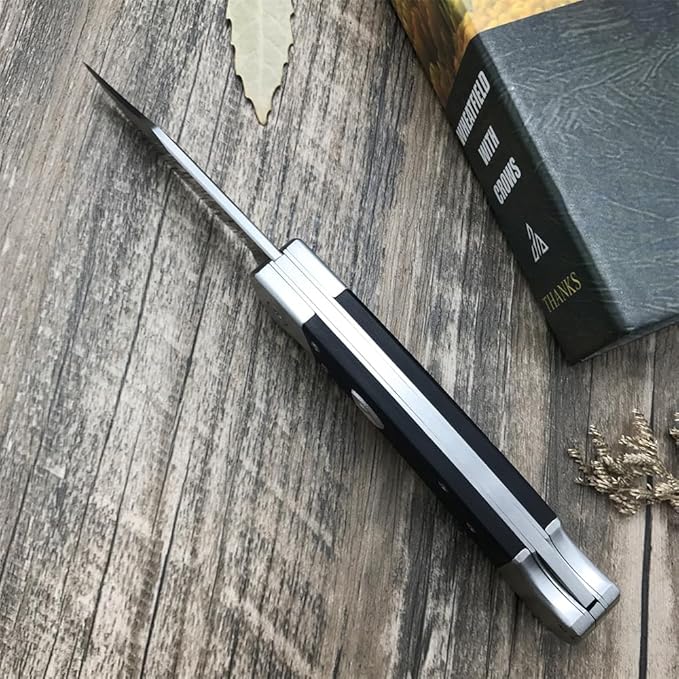 HUAAO Manually Operated Button-Lock Knife Folding Knife 440C Stainless Steel Blade Back lock G10 Handle with Leather Sheath EDC Pocket Knives for Men (Black)