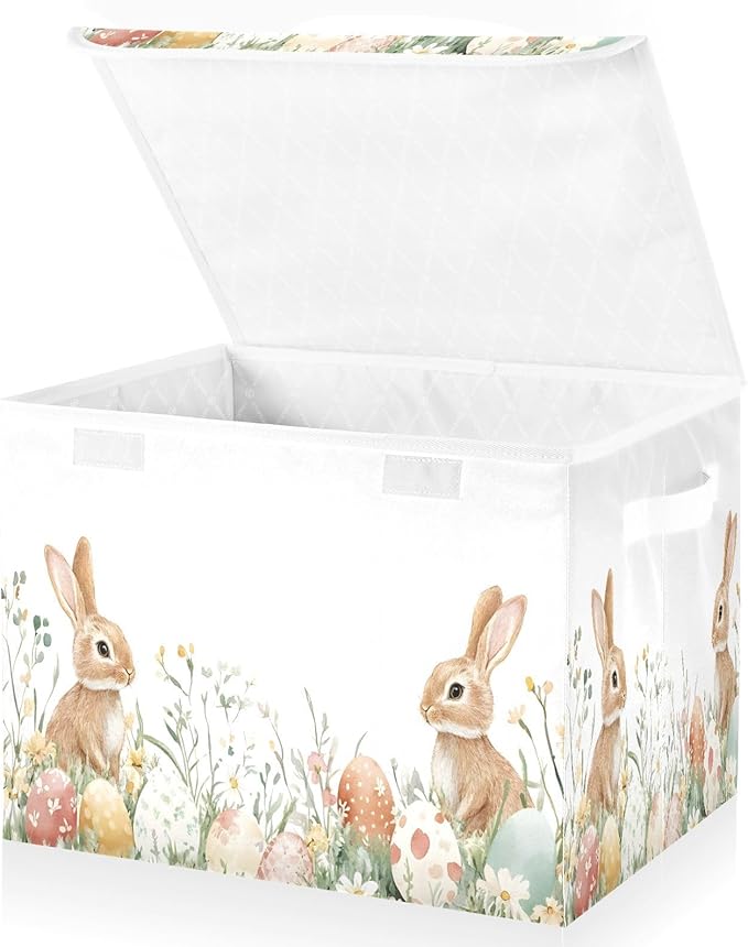 Christmas Storage Baskets with Lids Watercolor Cute Bunnies Easter Collapsible Bins Stackable Fabric Linen Baskets Closet Organizer Container 16.5x12.6x11.8