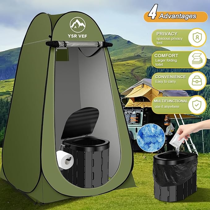 Portable Toilet Kit Camping Toilet with Pop-Up Privacy Tent and Poo Gel Toilet Bags Washable Portable Outdoor Showers Changing Rooms
