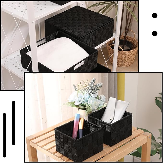 Woven Storage Bins with Lids Set of 8 Polypropylene Storage Baskets with Metal Frame Stackable Fabric Boxes for Drawers Closet Shelf Nursery and Office Black