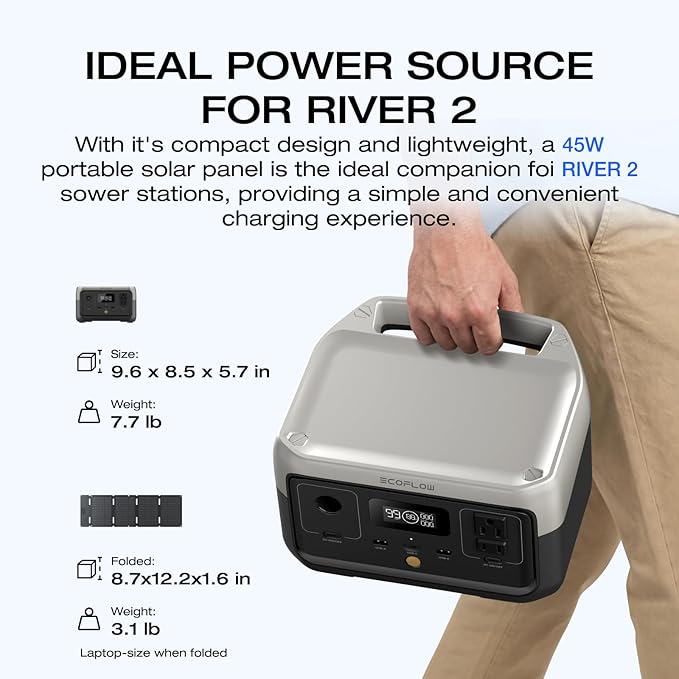 EF ECOFLOW Portable Power Station RIVER 2 with 45W Solar Panel 256Wh LiFePO4 Battery/ 1 Hour Fast Charging Up to 600W Output Solar Generator for Outdoor Camping/RVs/Home Use