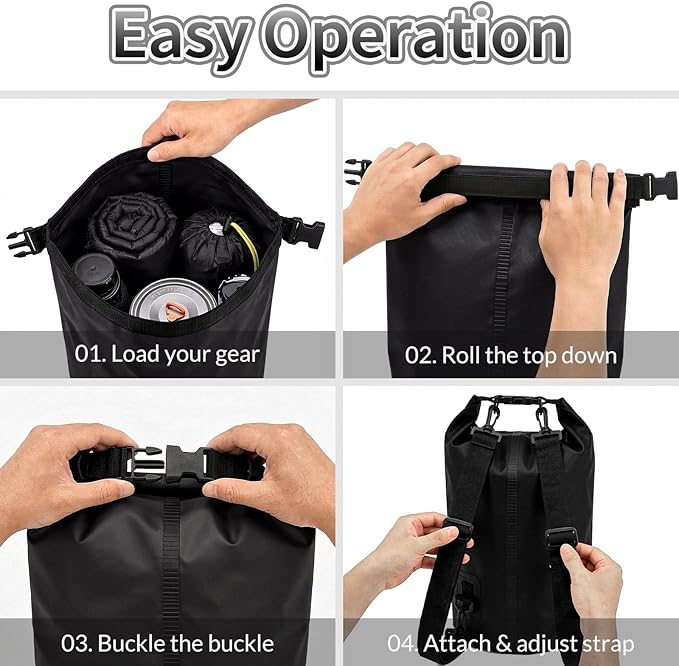 Waterproof Backpack 20L Roll Top Closure Dry Bag Water Proof Black Lightweight Floating Dry Bag for Kayaking Boating Hunting Durable Hiking Backpack with IPX8 Waterproof Phone Pouch-Black 7