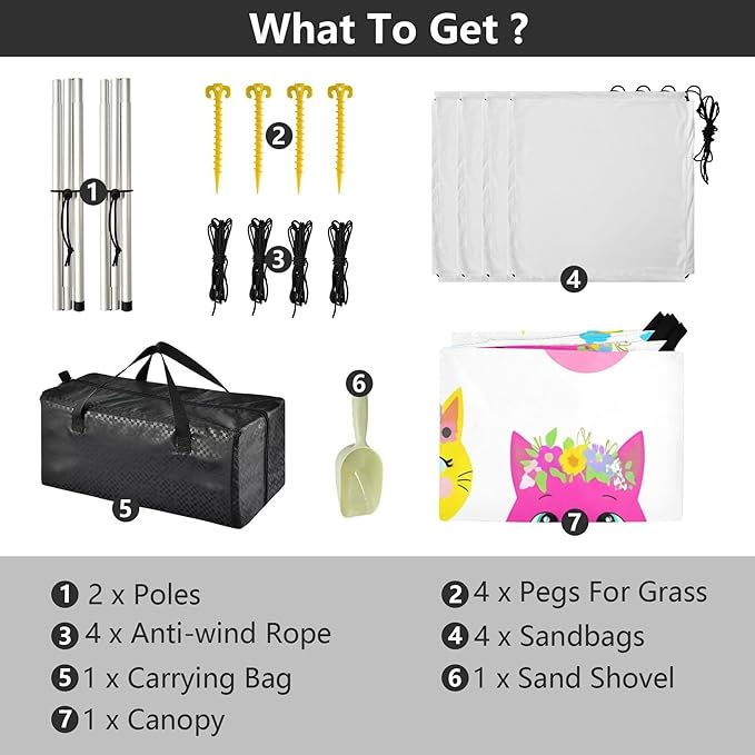 Cat Beach Canopy Sun Shelter with Sandbags &amp Sand Shovel &amp Windproof Ropes - Portable 110x126 Beach Shade Beach Tent for Camping Picnics