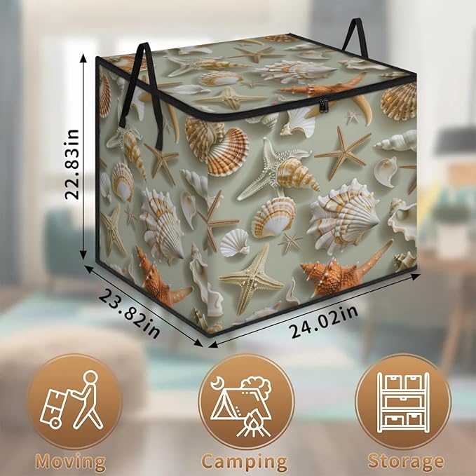XL Large Clothes Storage with Lid Handle Starfish Large Thick Clothes Blanket Storage Containers for Organizing Bedroom Closet Comforter Tropical Seashells and Scallops