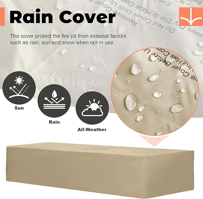 60Inch Fire Pit Table Propane with Tank Cover Windy Guard 50000 BTU Concrete Rectangle Firepit for Outside Patio with Metal Lid Lava Rocks Rain Cover Backyard Outdoor
