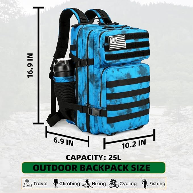 Lovelinks21 25L Tactical Backpack Military Tactical Backpack for Men and Women Small Assault Pack Outdoor Travel Hiking Camping Rucksack with Molle Webbing (Blue Water Pattern)
