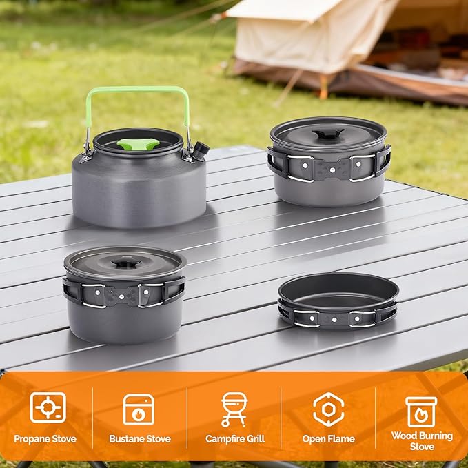 ROVSUN 34/10/6 pcs Camping Cookware Mess Kit Lightweight Non-Stick Camping Cooking Pot and Pan Set with Stainless Steel Camping Gear Kettle Cup for Open Fire Backpacking Outdoor Cooking
