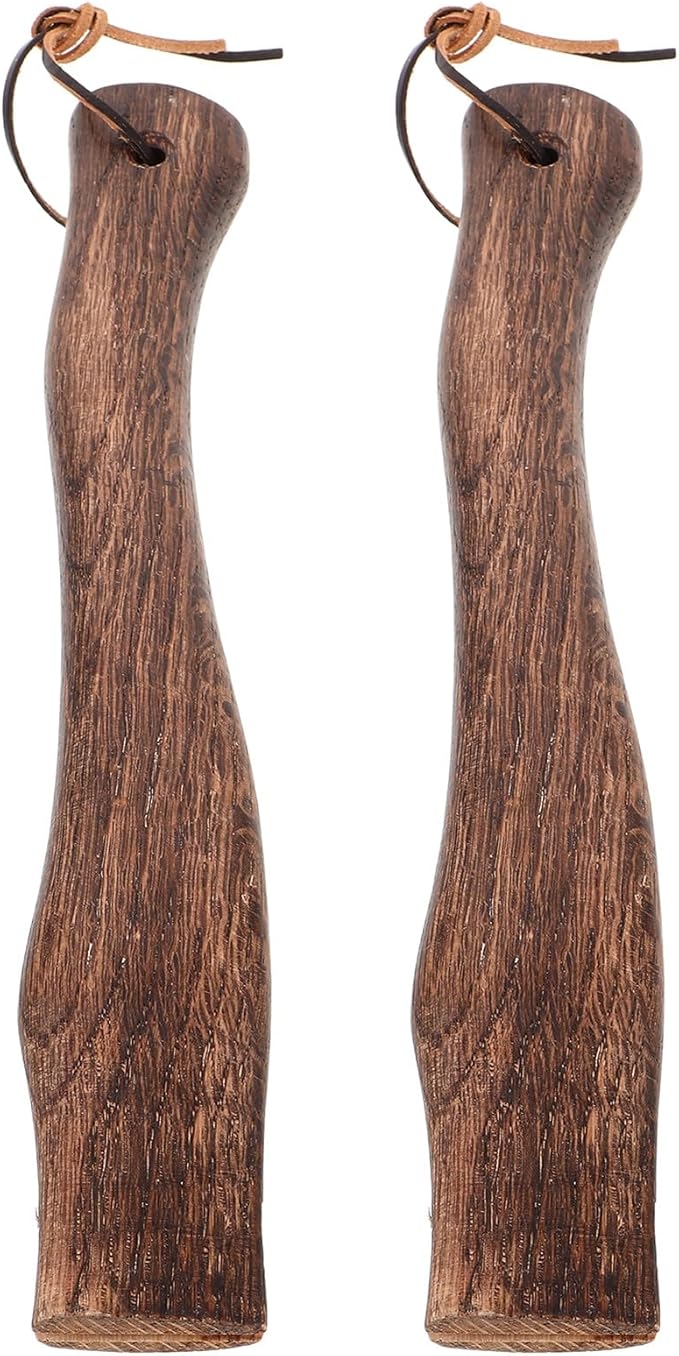 2pcs Wooden Hatchet Handles Replacement with Anti-Slip Leather Cord 33cm Curved Solid Wood Grip for Camp Axe Repair and Outdoor Fire Tool