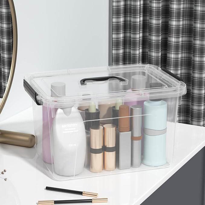 4 Packs Plastic Storage Box with Handle 10 L Clear Lidded Organizer Bin