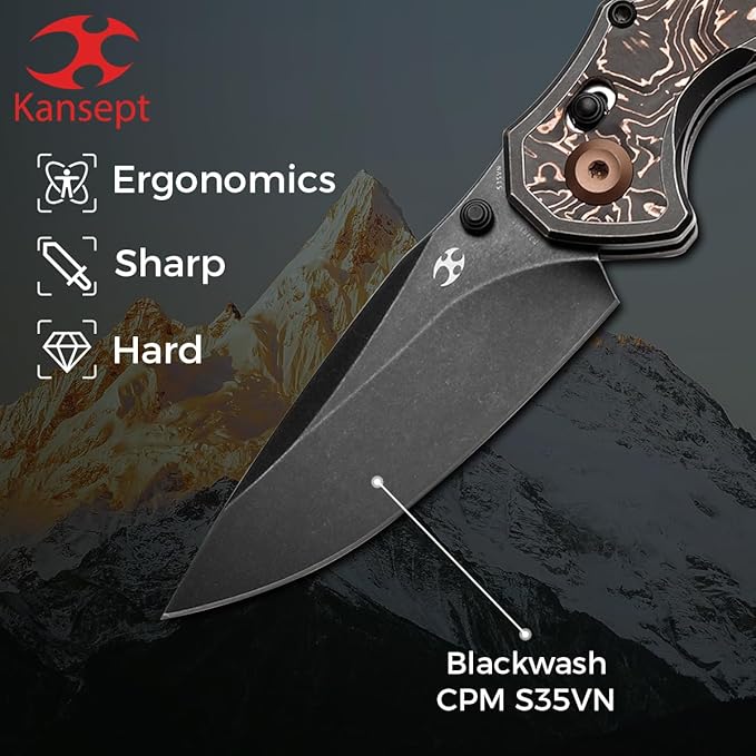 KANSEPT Apollo Pocket Knive 3.11Blackwash CPM S35VN Blade Titanium inlaid Copper Fatcarbon Handle with Thumb Stud Cross Bar Lock Folding for Men Women Sharp Camping Survival Hiking Knives K2107V3