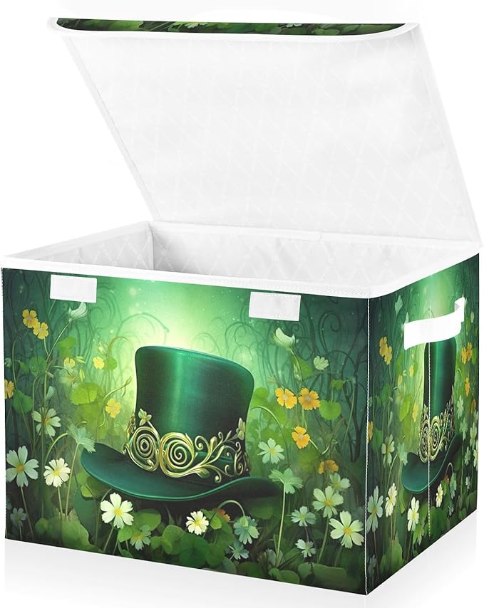 Christmas Storage Baskets with Lids Green Hat and Flowers Collapsible Bins Stackable Fabric Linen Baskets Closet Organizer Container 16.5x12.6x11.8