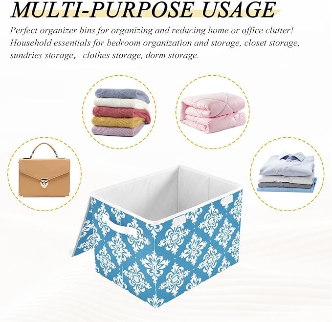 MNSRUU Containers Baskets with Lids Blue and White Floral Ornament Pattern Fabric Foldable Storage Bins Organizer with Lid Collapsible Storage Boxes for Home Bedroom Closet Office
