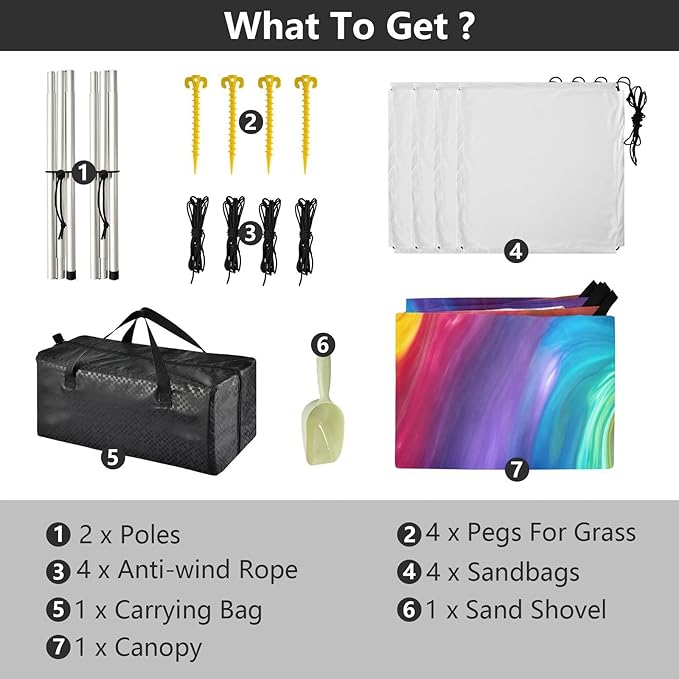 Tie Dye Beach Tent Sun Shelter 9.2' x 10.5' Beach Canopy with 4 Sandbags 4 Stability Poles Sand Shovels - Tent Canopy for Beach Camping Fishing Picnics