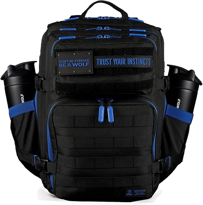 WOLFpak 25L Athletic Gym Backpack - Durable 1000D Waterproof Oxford Material with MOLLE Webbing Laptop Pocket &amp Dual Cup Holders Durable Fitness/Travel/Military Daypack (Blue Wolf)