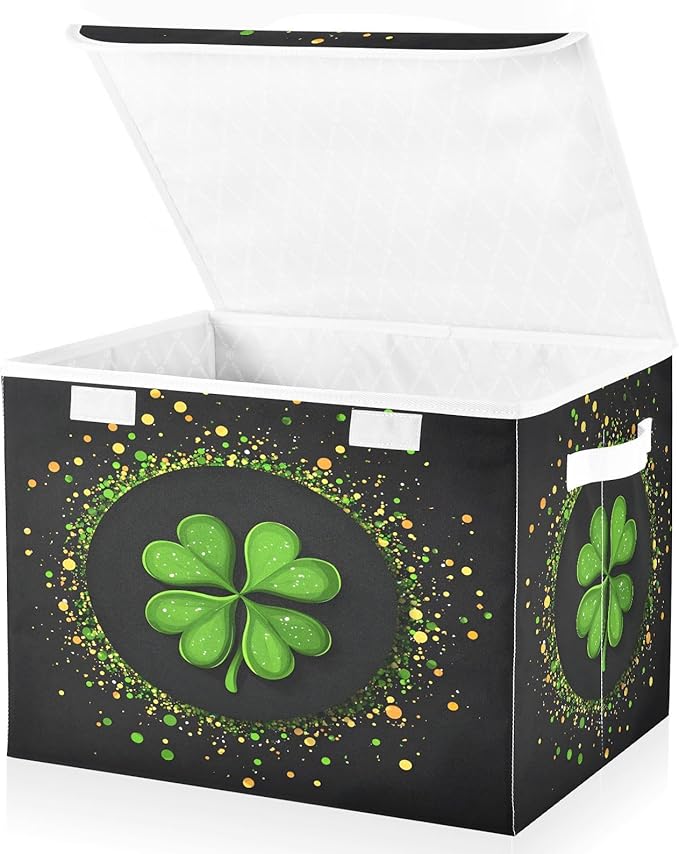 Doodle St. Patrick's Day Shamrock Pattern Foldable Storage Baskets Fabric Boxes with Handle Organizers with Flip-Top Lids Storage Bins for Home Bedroom Office