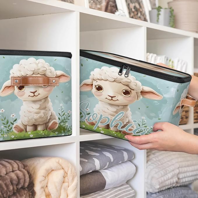 Custom Storage Basket with Name Personalized Storage Bins with Zipper Lid Foldable Fabric Storage Box Large capacity with Handle Flower Sheep