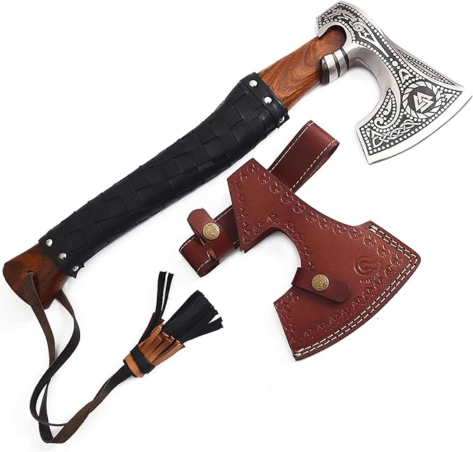 Custom Handmade Carbon Steel Viking Axe – 19” Inches Hand Forged Medieval Axe with Leather Sheath – Camping and Forest Hunting Hatchet – Gift for HIM (Full Leather)